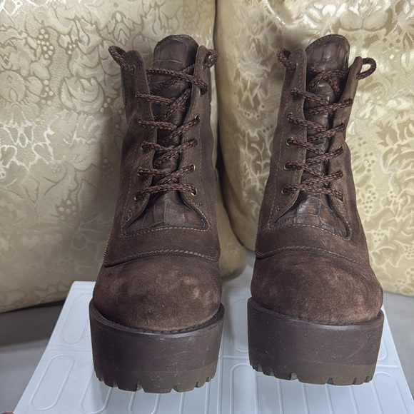 (E4) Stuart Weitzman Brown Suede Chunky Heel Lace Up Platform‎ Boots Size 7.5 - Picture 6 of 13